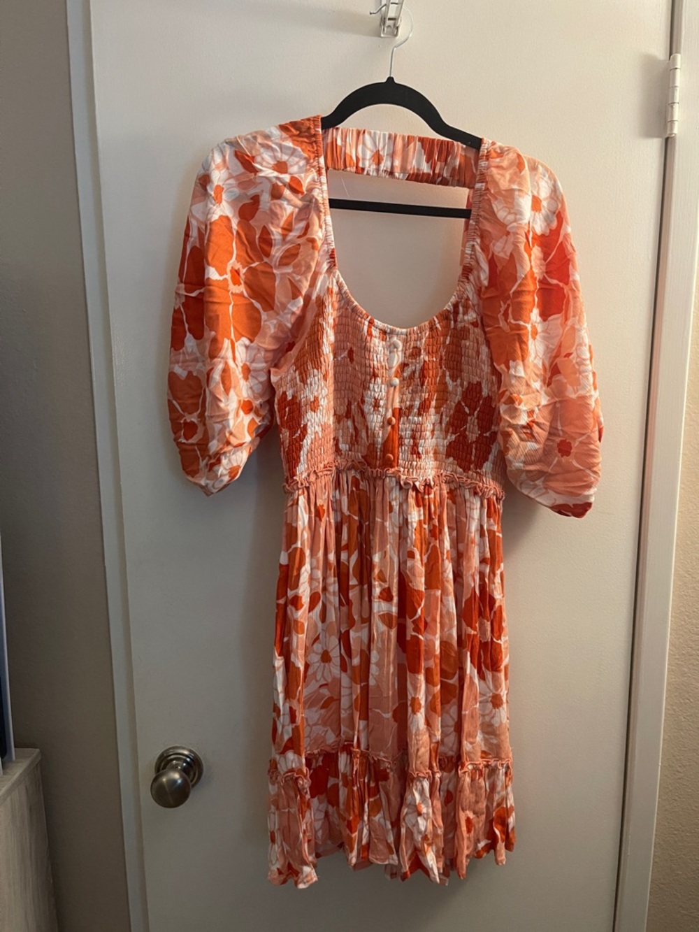 Orange Floral Puff-Sleeve Smocked Dress